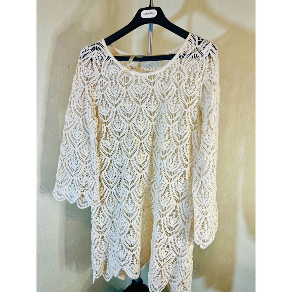 Boho White Lace XL Tunic Top  Sheer Crochet  Festival / Beach